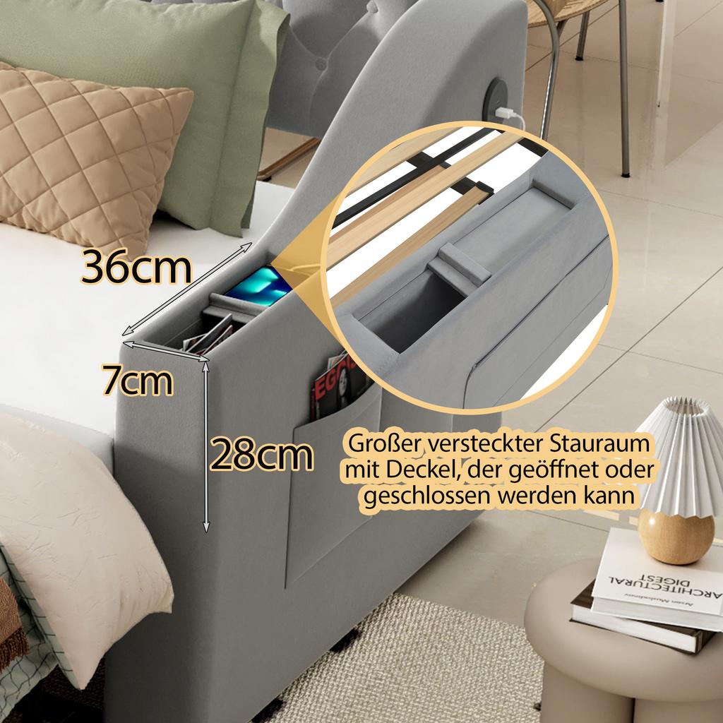 Upholstered Sofa Bed, 90/180*190 Cm, Wider and Thicker Armrests with USB Charging Port, Integrated Storage, with Slatted Frame, Velvet Fabric, Gray