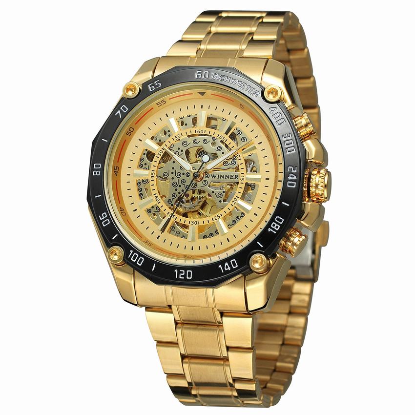 New Luxury Black Gold Automatic Mechanical Watch For Men Full Steel Skeleton Wristwatch Clock Big Dial Relogio Masculino