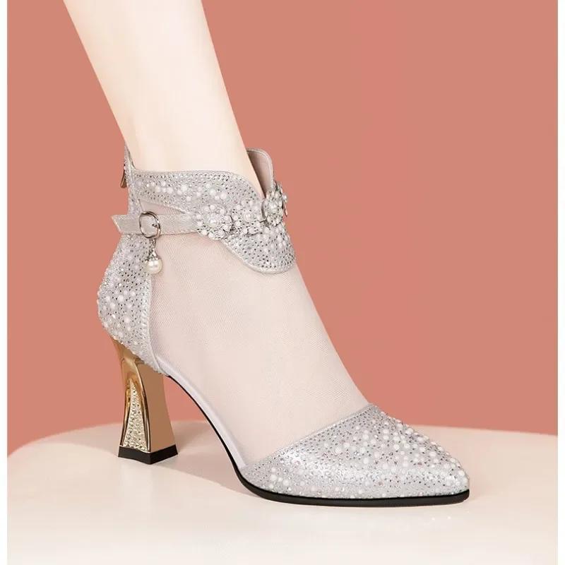 Summer Women Fashion Pointed Mesh Breathable Rhinestone High Heel Korean Style Comfortable Cool Boots for Women Sandals 40 2890₽