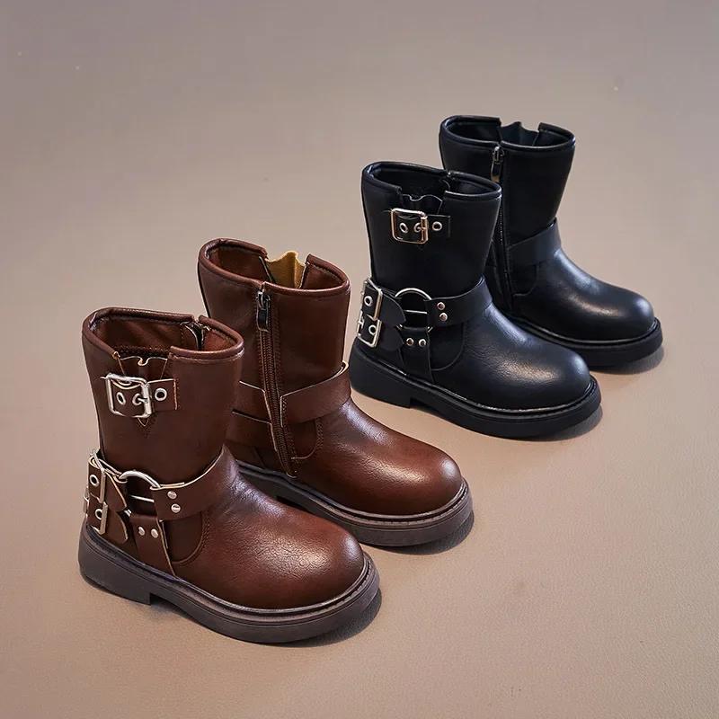 2024 Children Leather Shoes for Girls Autumn Winter New Fashion British Style Soft Bottom Anti-slippery Versatile Short Boots