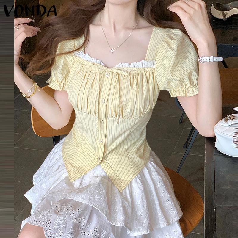 

VONDA Women Summer Square Collar Short Sleeve Ruffled Striped Irregular Blouse M