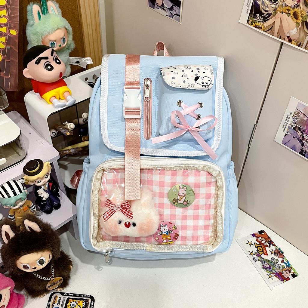 Designed Backpack Minimally With Grid Print And Bow Decoration For Daily