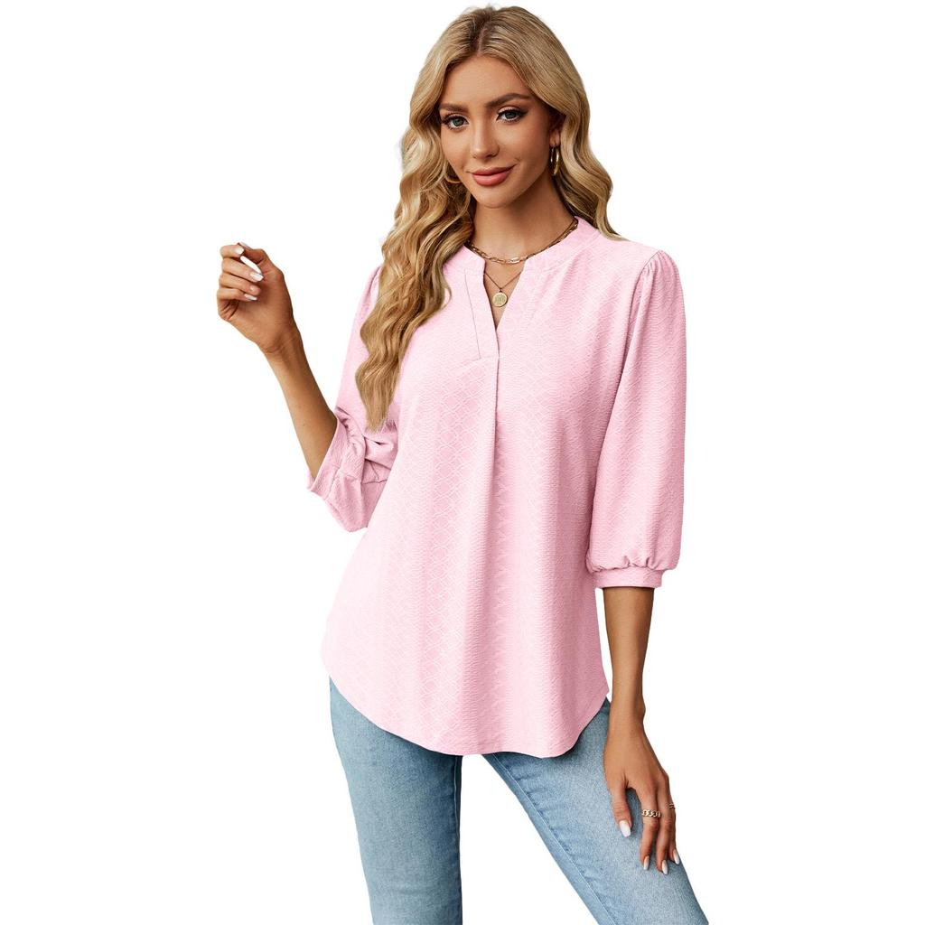 2024 Women's Autumn/Winter V-neck Jacquard Solid Color Loose Three-quarter Sleeve T-shirt