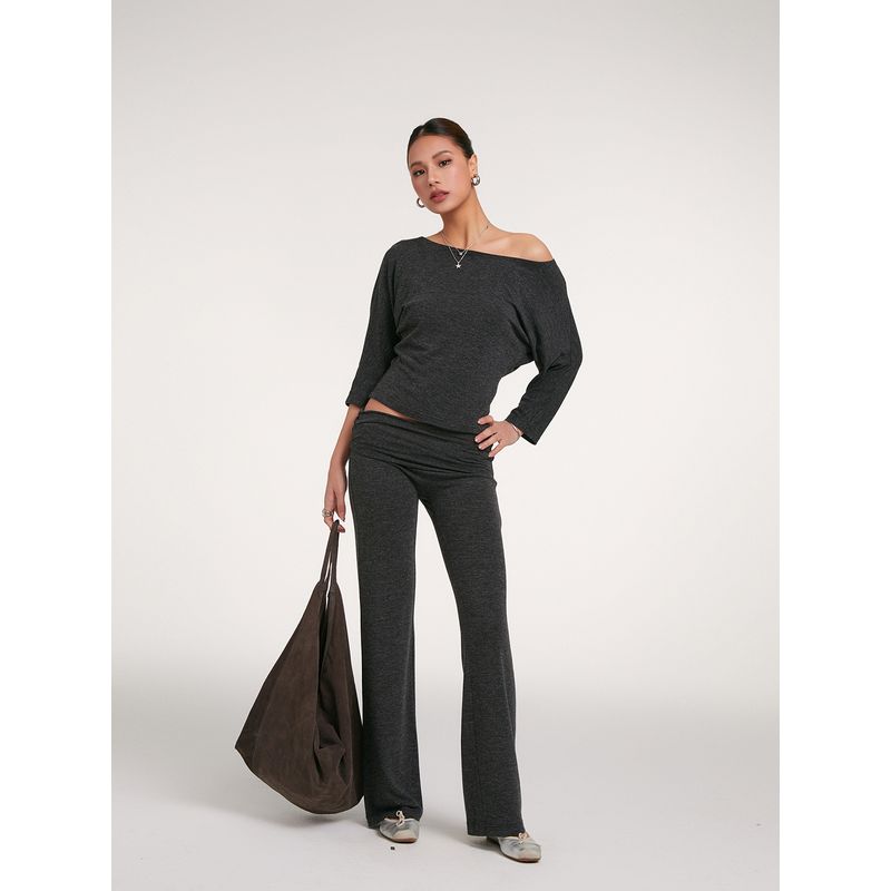 Discoglam Soft Glutinous Draping Effect Lazy Casual Slim Looking 2 Wear Oblique Shoulder 7-Point Sleeve T-shirt + Bell-Bottom Pants Women's Autumn