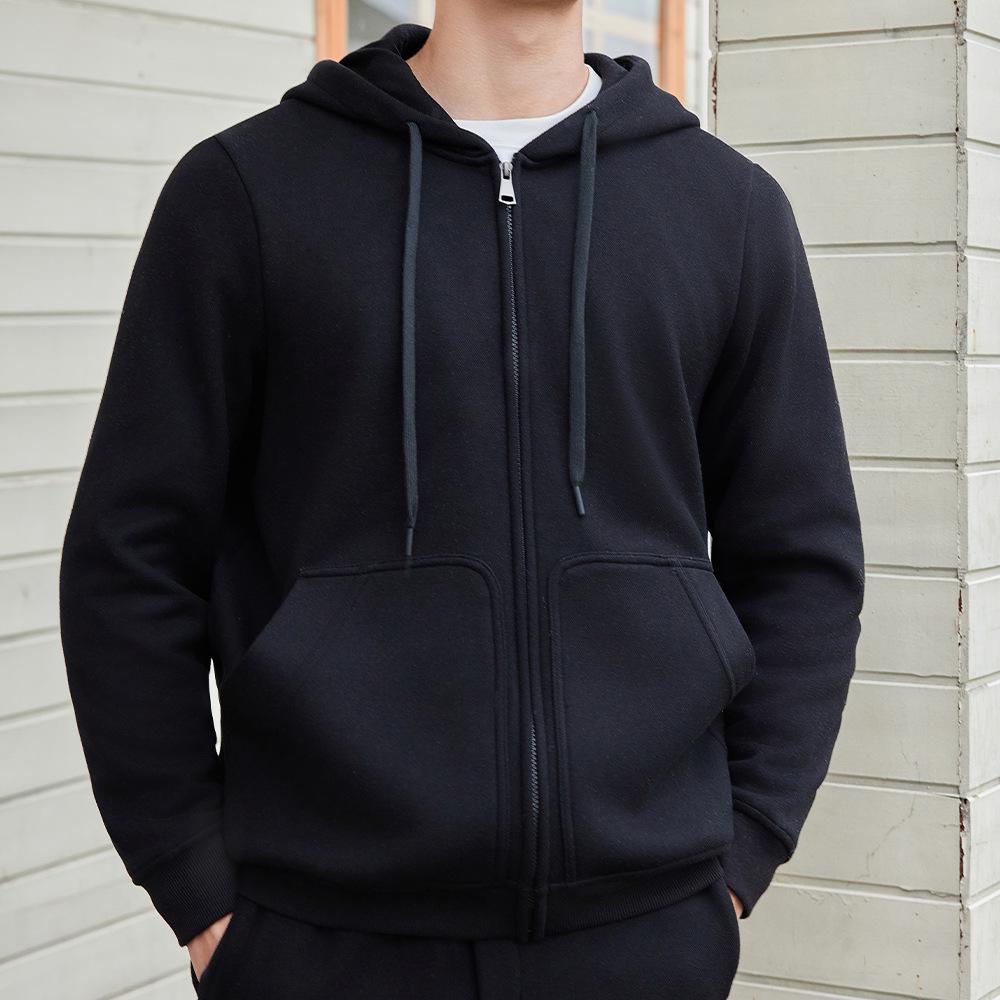 Men's Casual Solid Color Fleece Lined Hooded Sweatshirt - Warm, Versatile Loose Fit with Drawstring and Zipper.