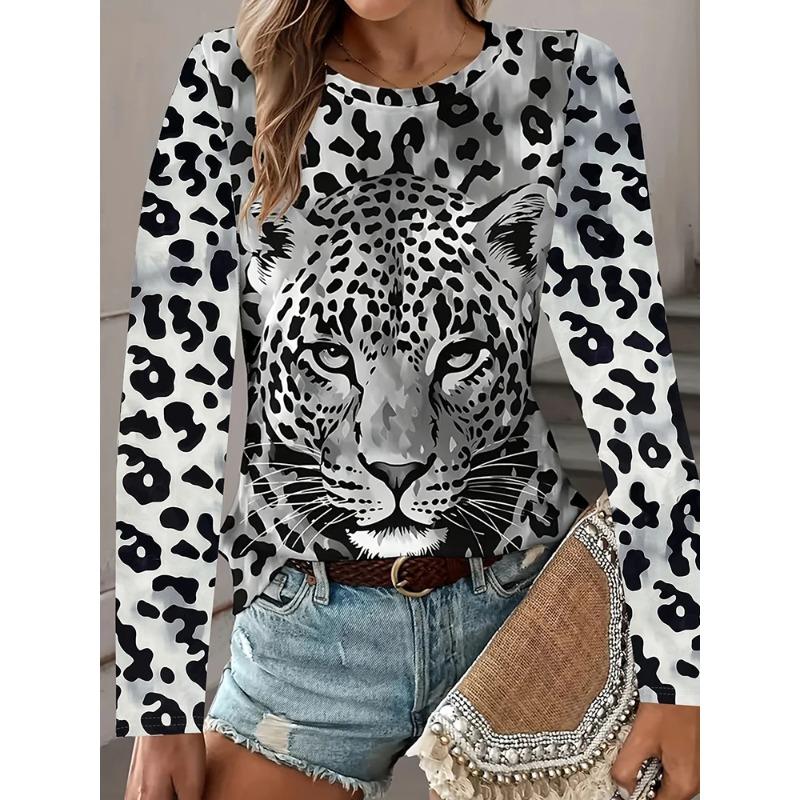 Fashion Printed Long Sleeve Casual Crew Neck Top Loose T-Shirts Women’s