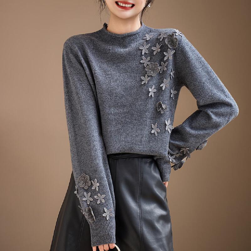 

Women s Pure Wool Sweater with 3D Hand-Stitched Flowers L