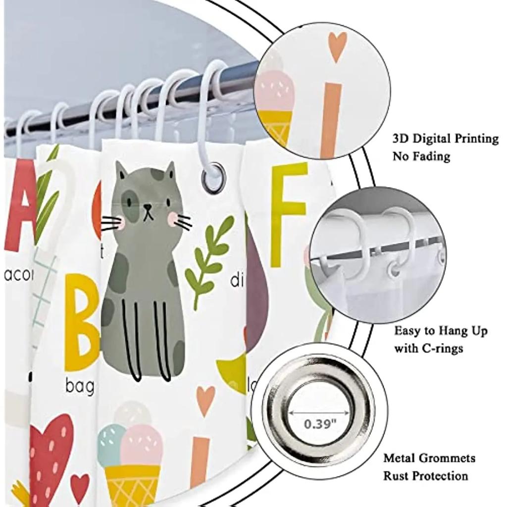 Kids Alphabet Shower Curtains For Bathroom Decor Abc Educational Learning Tool Baby Cartoon Animals Colorful Girls Boys Printed