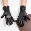 Long Warm Genuine Leather Gloves Sheepskin Gloves for Women  Touch Screen Fashionable and High  End  Black Autumn and Winter
