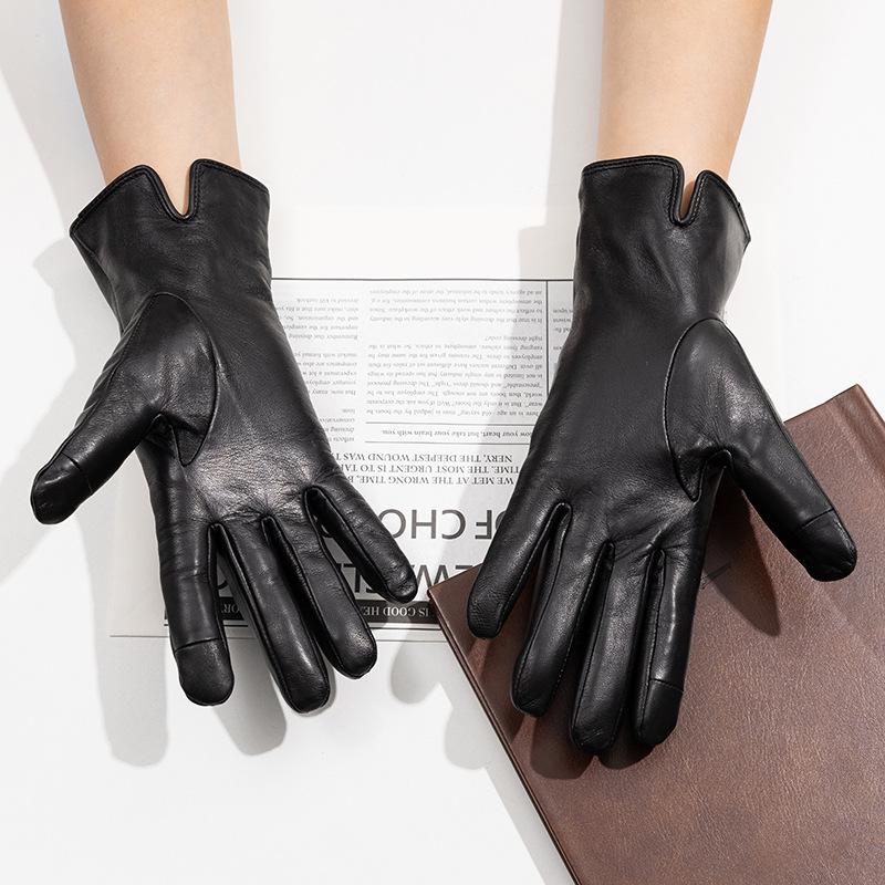 Long Warm Genuine Leather Gloves Sheepskin Gloves for Women  Touch Screen Fashionable and High  End  Black Autumn and Winter