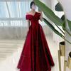 Burgundy Toast Bride 1011 New Satin Dress Women's Shoulder Fugitive Princess Evening Dress Wedding
