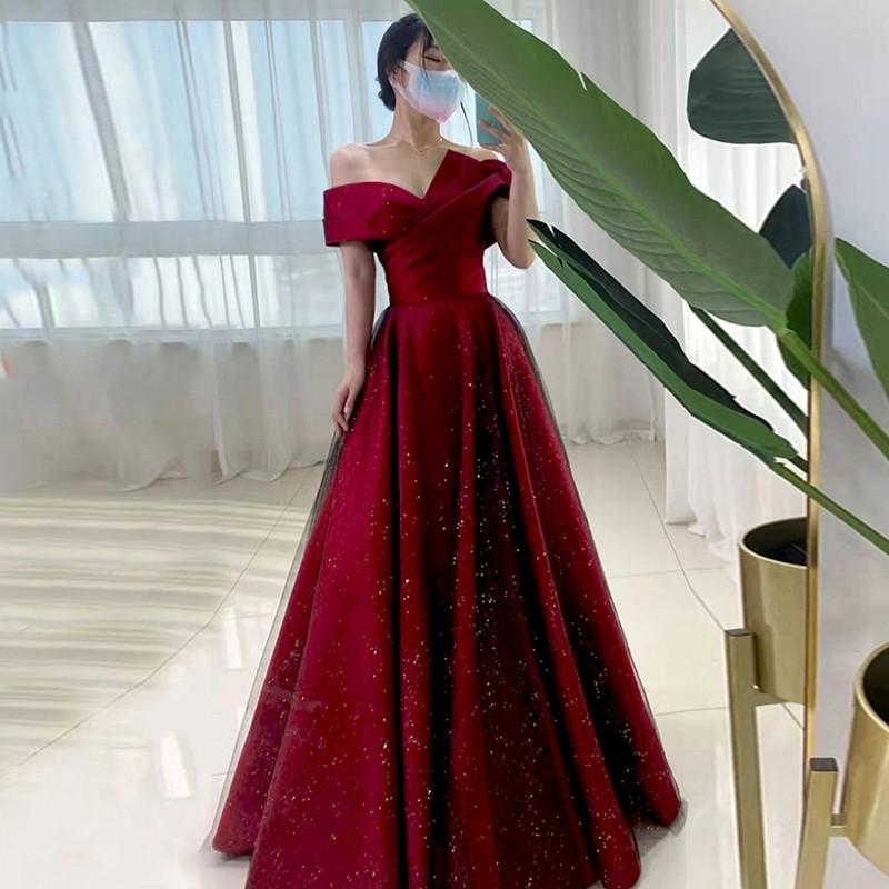 Burgundy Toast Bride 1011 New Satin Dress Women's Shoulder Fugitive Princess Evening Dress Wedding
