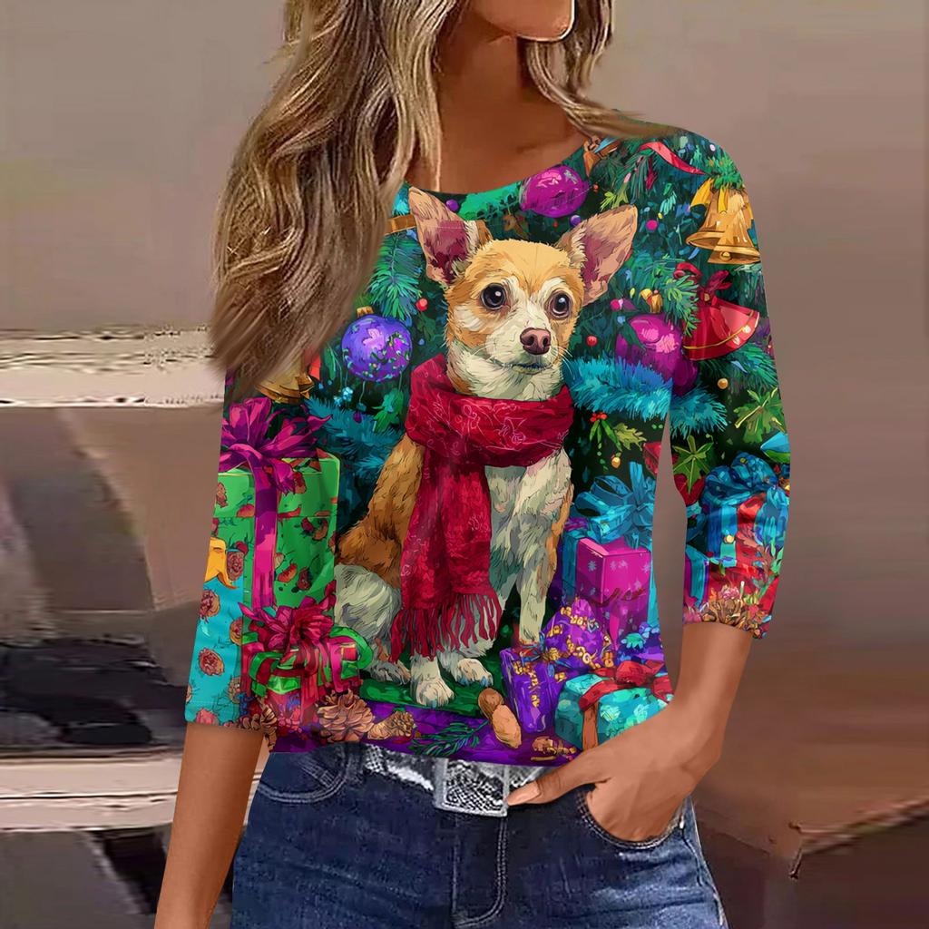 3/4 Sleeve Shirts For Women Print Graphic Tees Blouses Casual Plus Size Basic Tops Pullover