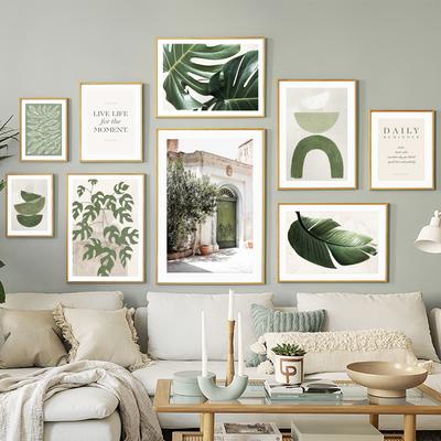 Green Graphic Shapes Door Monstera Leaves Quotes Wall Art Canvas Painting Posters And Prints Wall Pictures For Living Room Decor