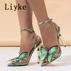 Fashion Liyke Sexy Green Snake Print Leather Ankle Strap Sandals Women Fashion Butterfly Designer High Heels Summer Party Dress Shoes