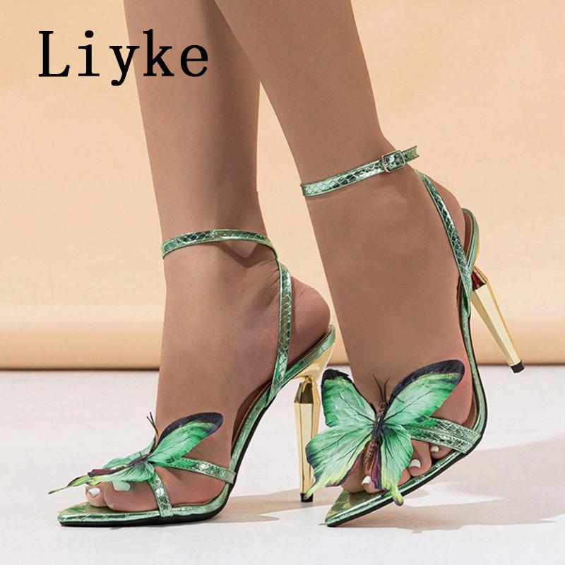 Fashion Liyke Sexy Green Snake Print Leather Ankle Strap Sandals Women Fashion Butterfly Designer High Heels Summer Party Dress Shoes