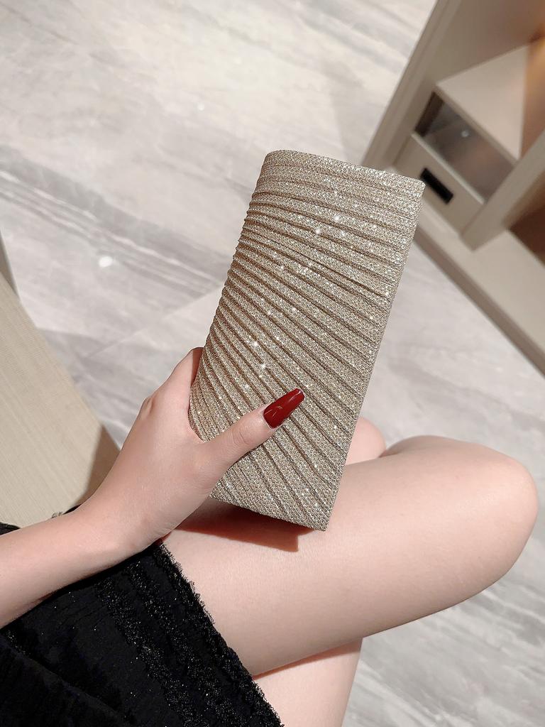 Women's Classic Pleated Design Sparkling Evening Bag Mini Clutch Banquet Bag Dress Bag Party Bag Evening Bag Chain Bag