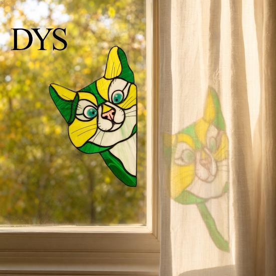 Colored Glass Cat Sticker Stained Window Cling, Vintage Colorful Kitty Decal, Removable Static Decor for Door Wall Car, UV-Resistant Waterproof