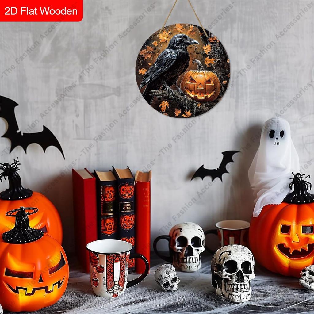 Halloween Black Crow Pumpkin Maple Leaf Round Wooden Hanging Sign, Front Door Home Decor