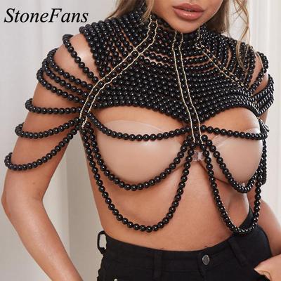 Stonefans Karneval Schwarz Schulter Mehrschichtige Brustkette Schmuck für Frauen Imitation Perlen Kostüme Maskerade Rave BH Top