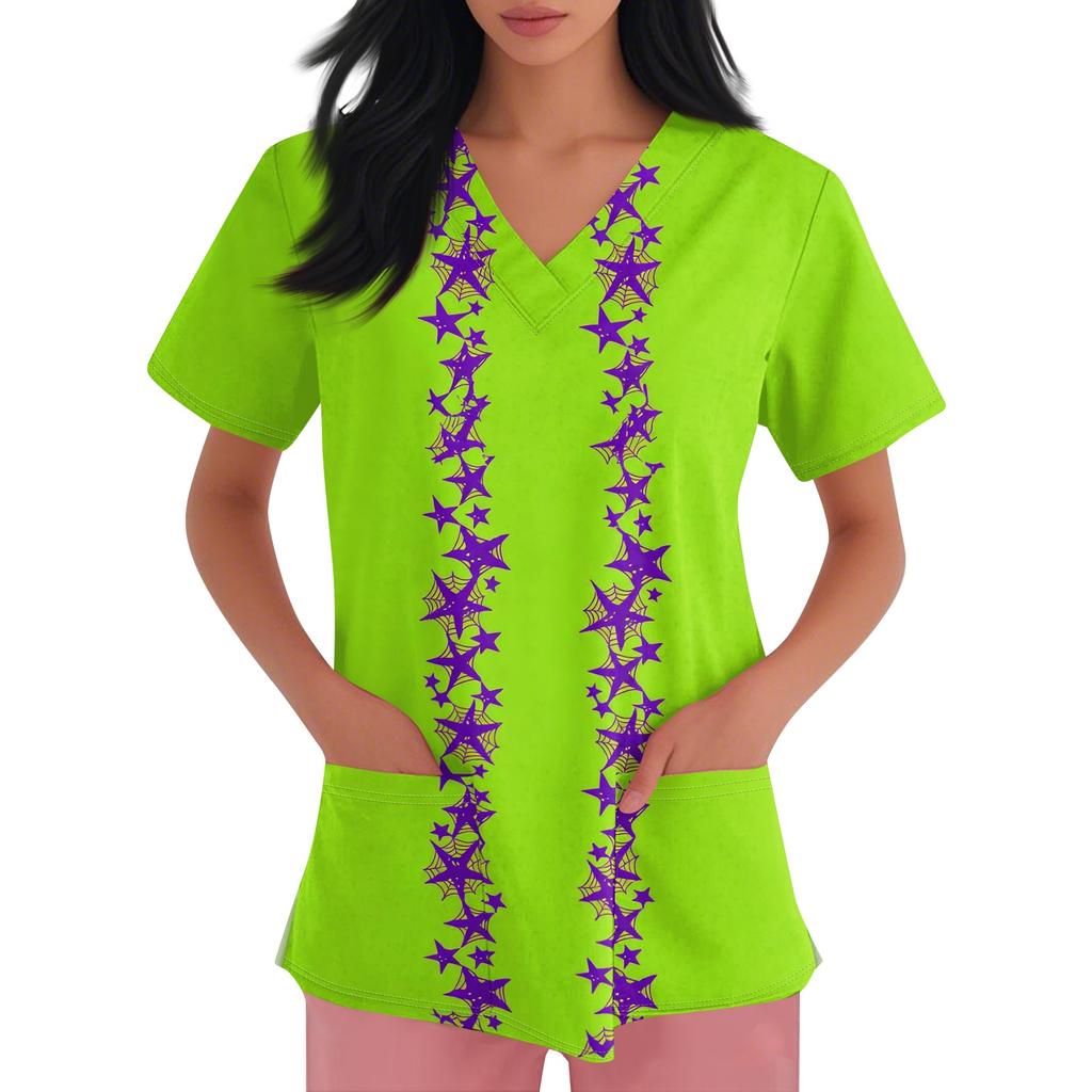 Women's Halloween Print Scrub Top with V-Neck and Pockets, Comfort Fit