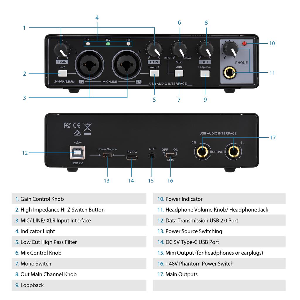 Professional Recording Microphone Interface 5V Type-C USB and Data USB 2.0 Mixing Console Microphone Sound Card