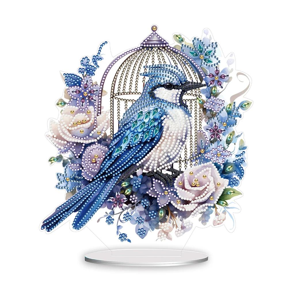 Blauer Vogel Diamantmalerei Schreibtischornamente Set Flamingo Diamantmalerei Schreibtischdekorationen Käfig für Zuhause Büro Schreibtisch Dekor