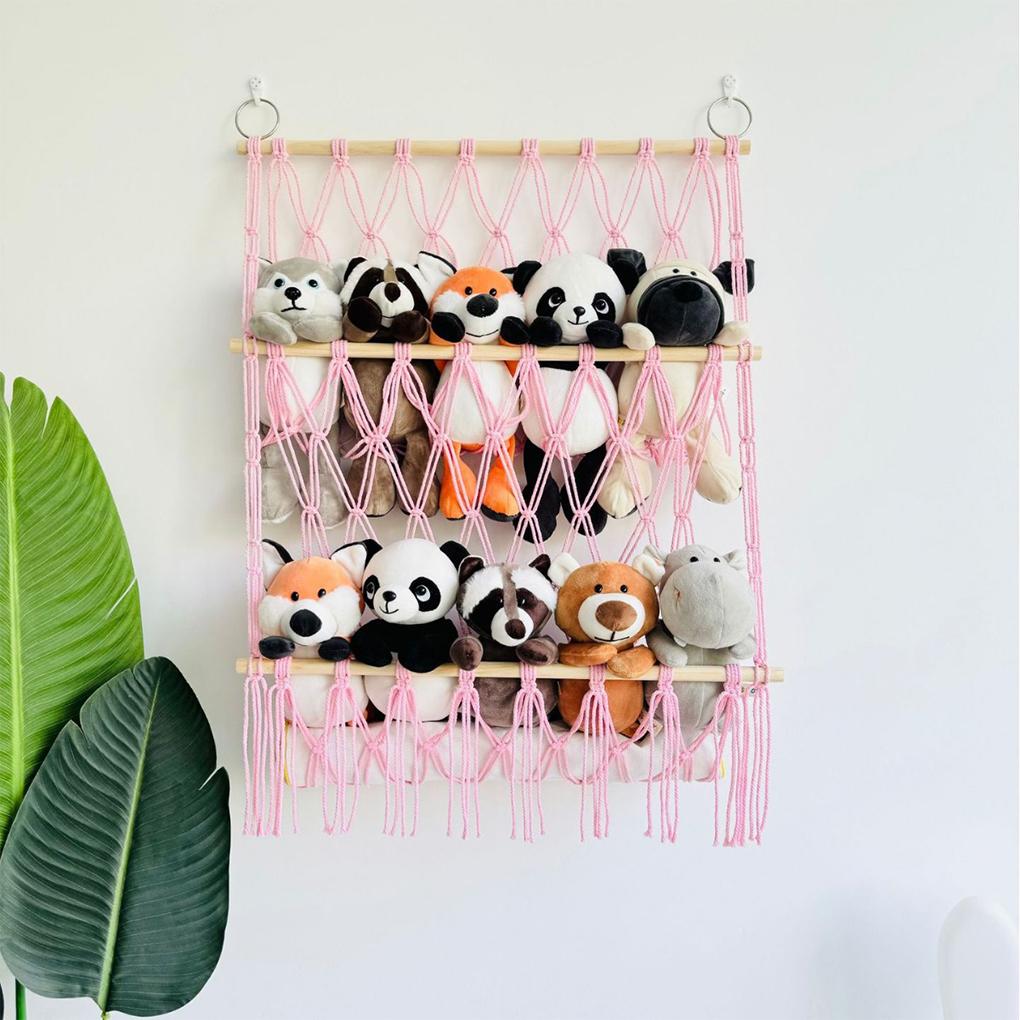 Cotton Stuffed Animal Storage Net With Wooden Rods For Nordic Style Room Decor Toys Blankets Soft