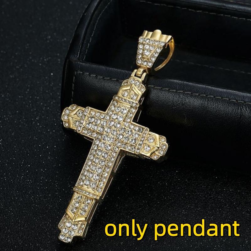 1pc Hip Hop Big Cross Gold Color with Rhinestone Pendant for Men Charm Chain Necklace Father's Day Fashion Gift Jewelry