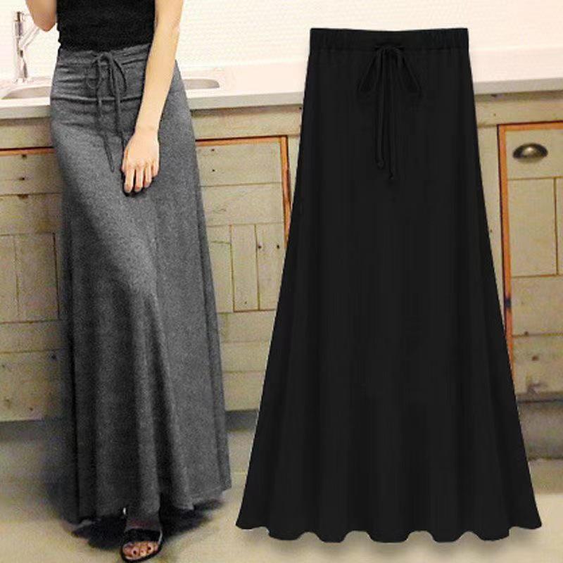 Women Maxi Skirt Adjustable Drawstring High Waist Side Slit Large Hem Long Skirt Solid Color A-Line Skirt