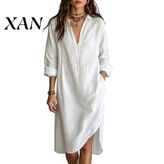 Lightweight Summer Dress Women s Midi Shirt Dress, Long Sleeve V Neck Casual Polyester Women Lapel Loose Tunic Beach Vacation Sundress with S