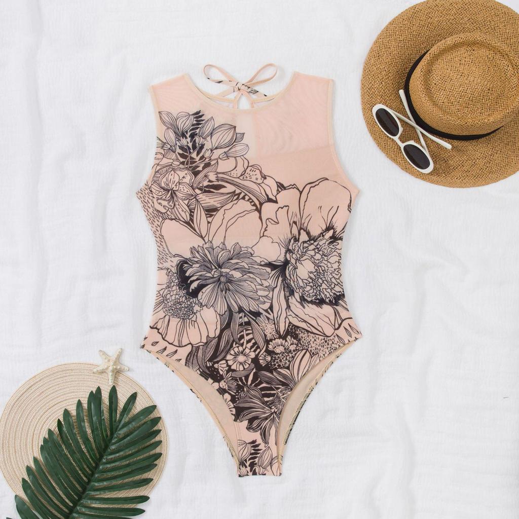 Dámské vícebarevné síťované jednodílné plavky s dlouhým rukávem a ochranou proti slunci