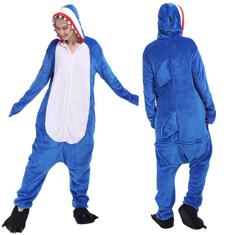 Adult Blue Shark Animal Flannel Cosplay Costume Pajamas Onesie Sleepwear Outfit Comfortable Soft Warm