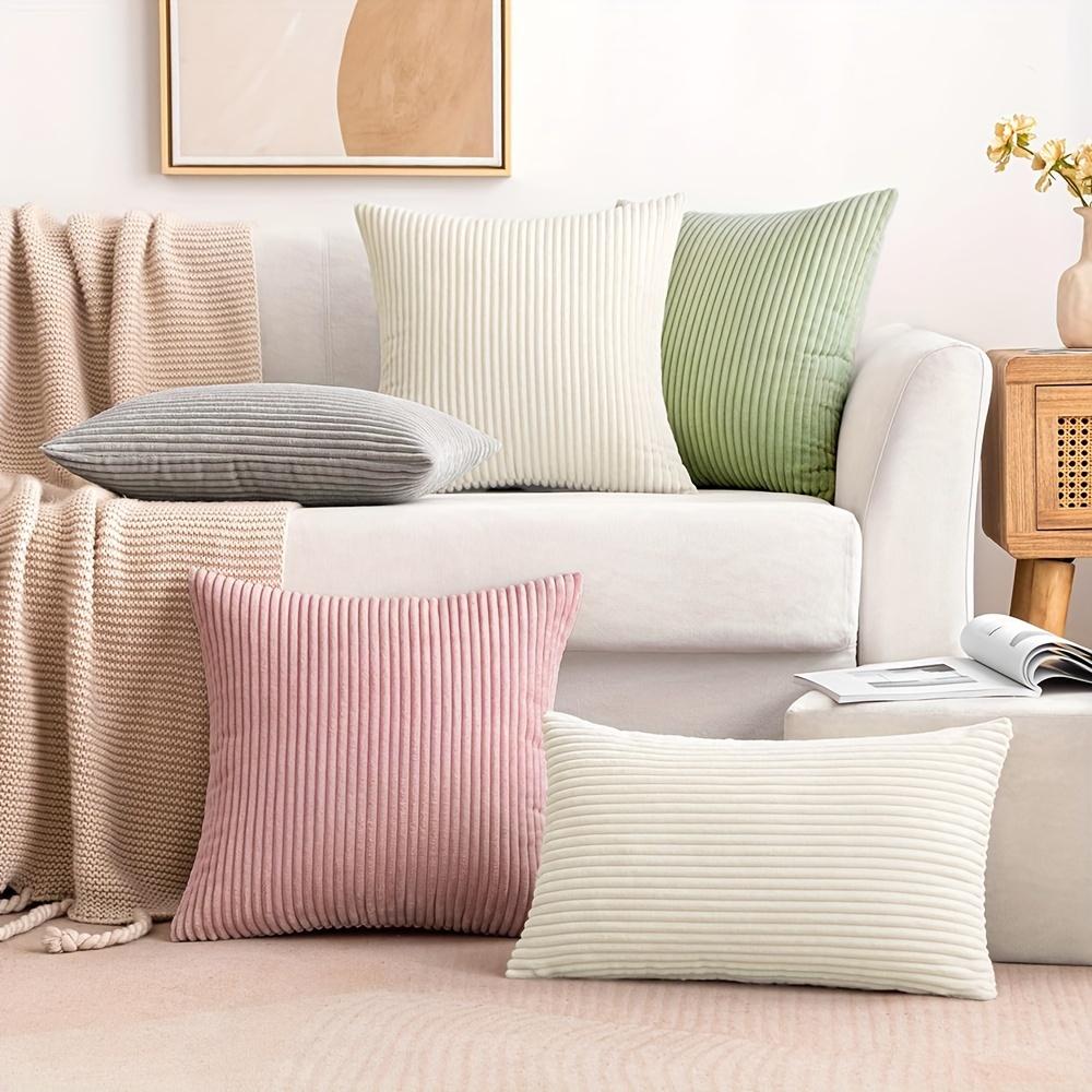 Copricuscini decorativi morbidi a righe per la casa, federe quadrate in velluto a coste color crema