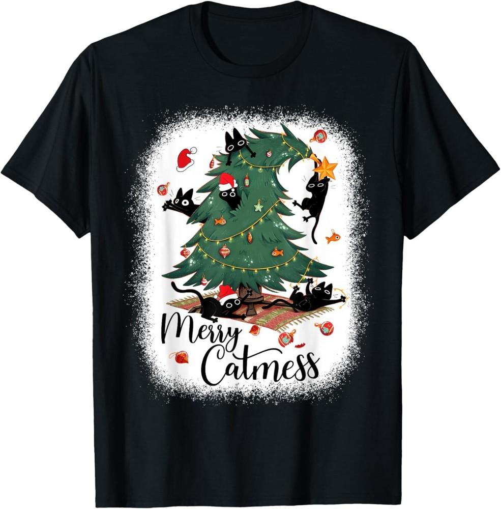 Funny Cats Christmas Tree Merry Catmess Black Cat Kittens T-Shirt Size S-5XL Unisex T-Shirt XL