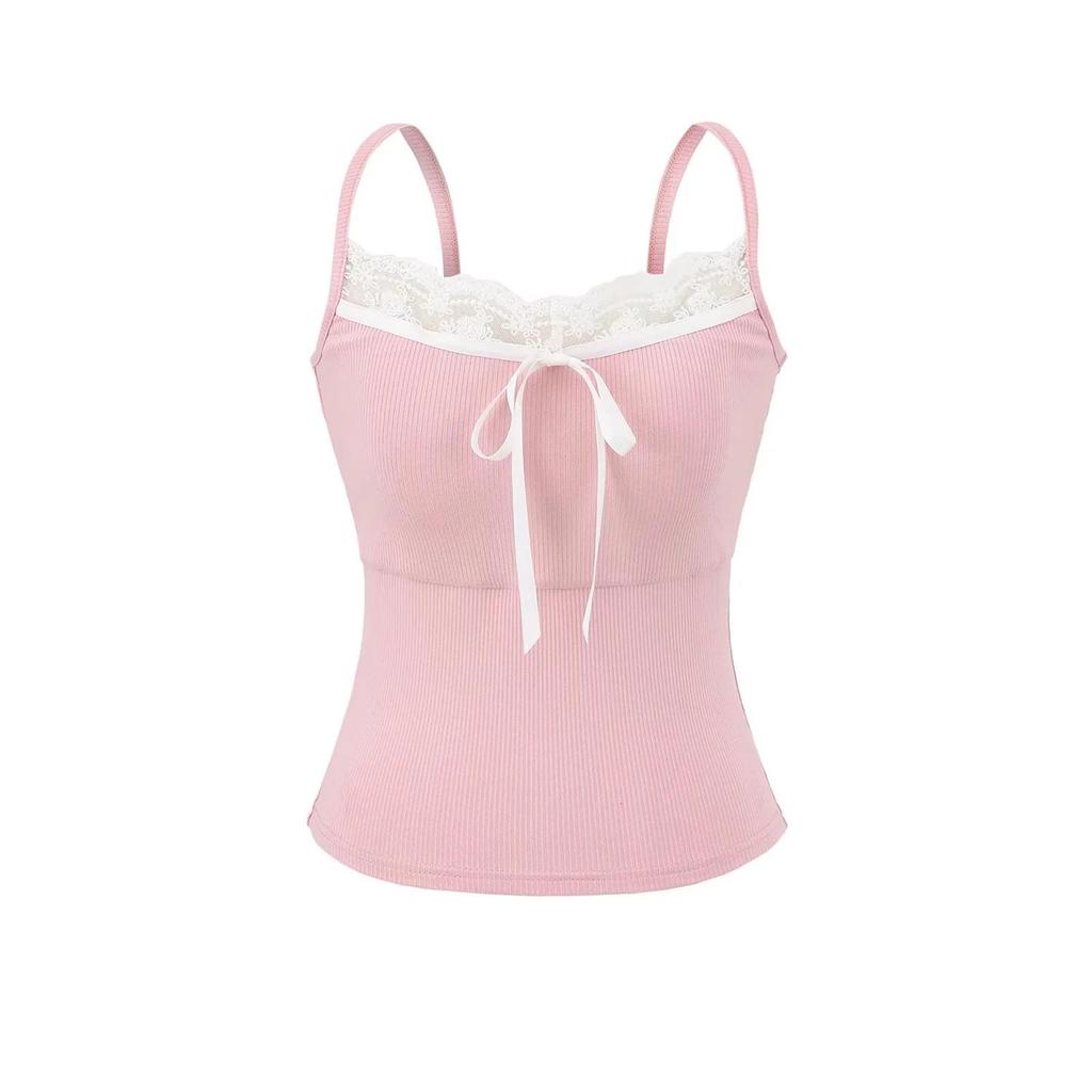 Lace Crop Top with Bowknot & Chest Pads - Slimming Summer Camisole for Petite Women