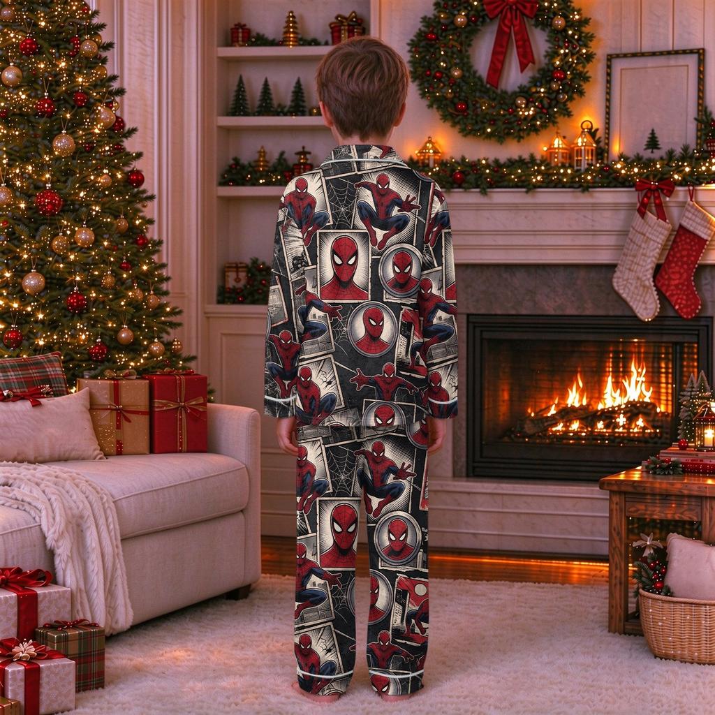 Christmas Parent-Child Matching Outfit with Stand Collar, Button Front and Festive Print