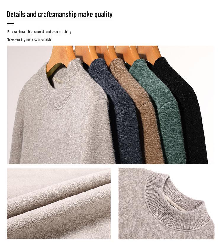 Men's Thick Plush High Neck Sweater - Pure Color Knit for Winter Warmth
