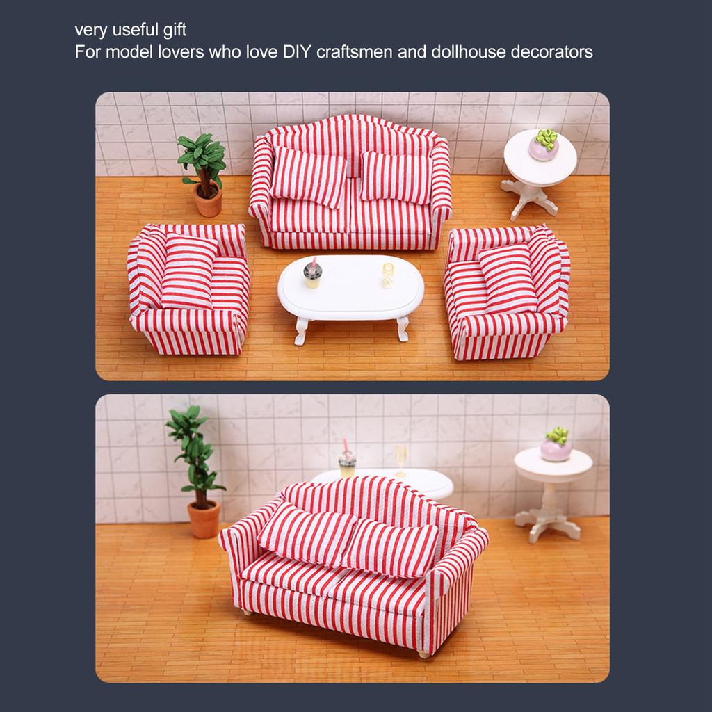3Pcs   Sofa Set Pine Cloth Double Sofa 2 Single Sofa Light Color Strip  ature Sofa for 1:12 Doll House