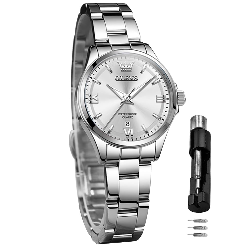 OLEVS Quartz Watch with Stainless Steel Classic Luminous 30M Water and Cute for Business or White Women's Band, Dial, Function, Resistance, Popular,