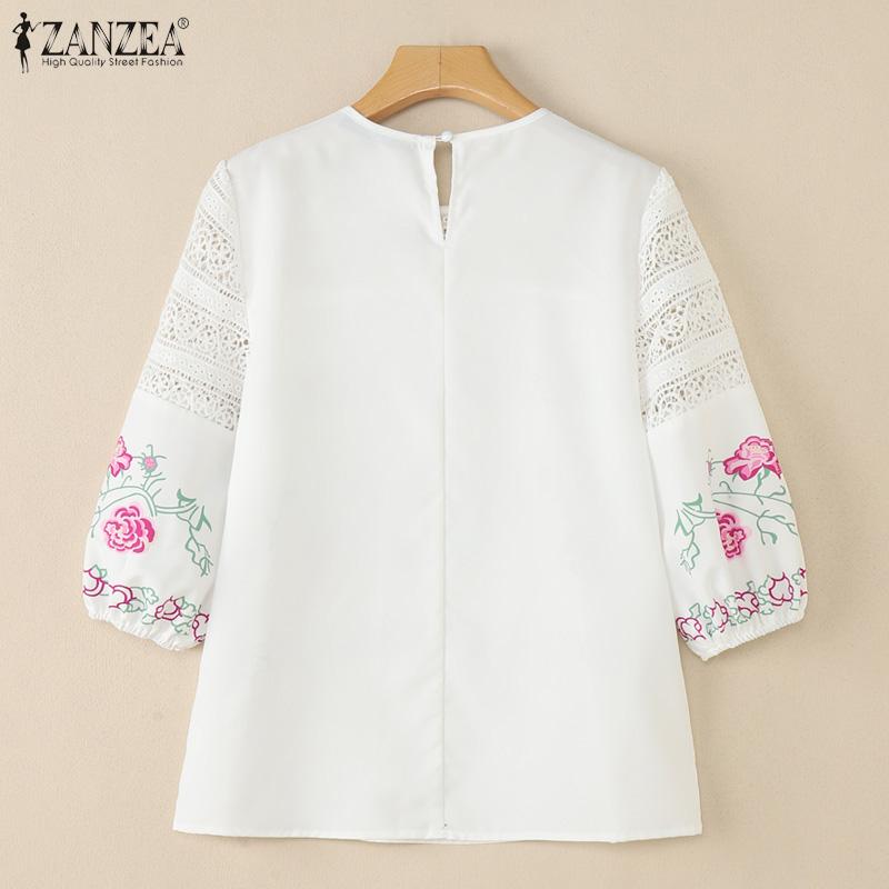 ZANZEA Women Casual Lace Patchwork Round Neck 3/4 Sleeve Floral Print Blouse