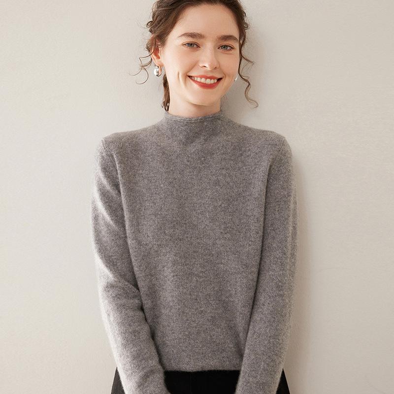 Women's Rolled Hem Wool Sweater - Autumn/Winter Casual, Versatile, Half-High Collar Knitwear
