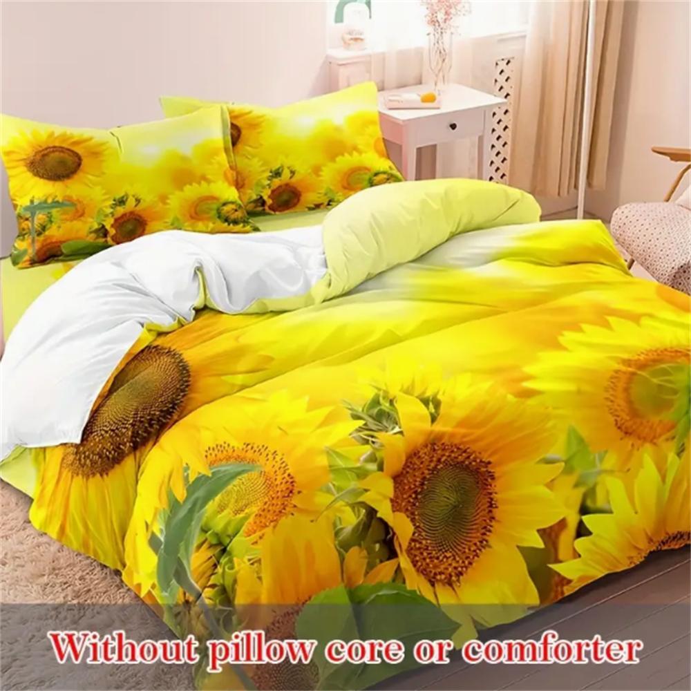 3pcs Sunflower Duvet Cover Set (1*Duvet Cover + 2*Pillowcases, Without Core), 3D Print Plant Flowers Duvet Cover With Pillowcase