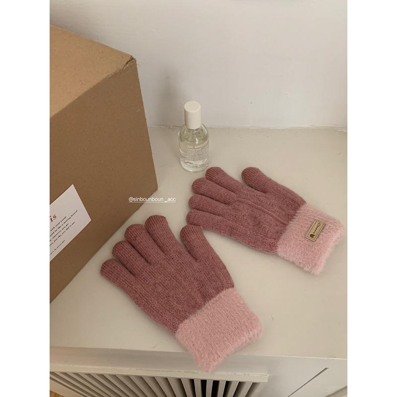 Jintai Korean Version of Winter Thickened Color Blocking Gloves Warm Plush Double Layer Touch Screen Split Knitted Female Cycling Student