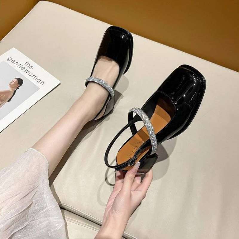 2025 New One-word Diamond Belt Rear Empty Square Head Light Mouth Low Heel Thick Heel High Heels Bag Head Mary Jane Sandals Women
