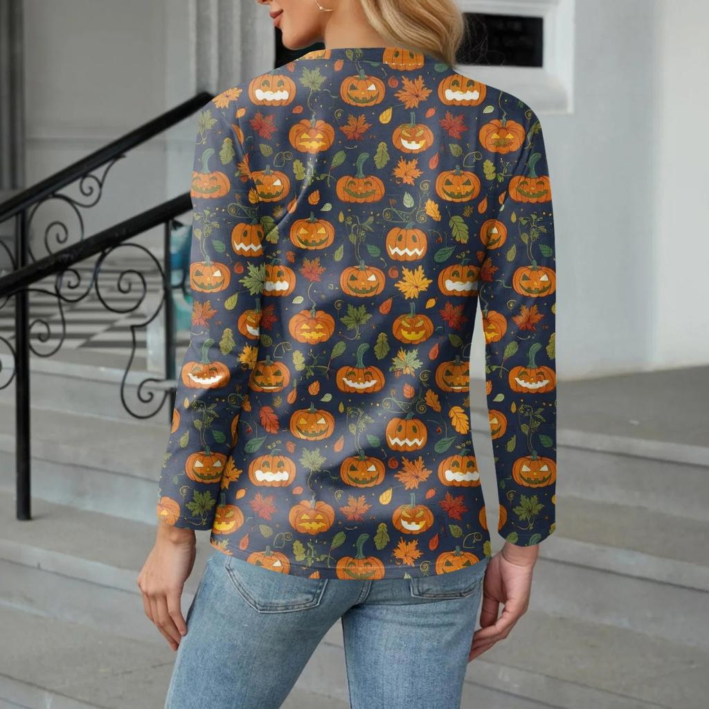 Women's Casual Fashion Sexy Comfort Halloween Printed V-Neck Button Long Sleeve