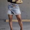 Women's High Waist Asymmetric Rhinestone Denim Shorts Slim Fit Summer Jean Hot Pants