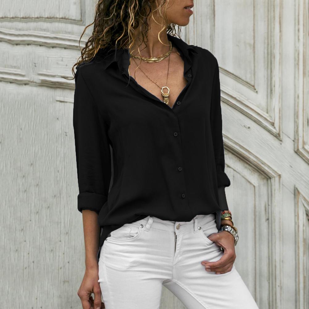 Women Elegant Solid Chiffon Blouse Spring Summer Casual Long Sleeve V Neck Loose Shirt Office Lady Tunics Oversized Tops
