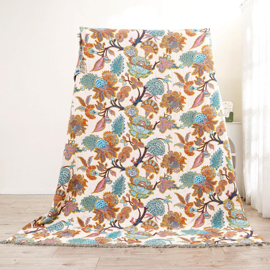 Floral Gauze Cotton Towel Blanket, Sofa Towel With Tassel, Bedspread, 150*200 Cm, 200*230 Cm, Delicate
