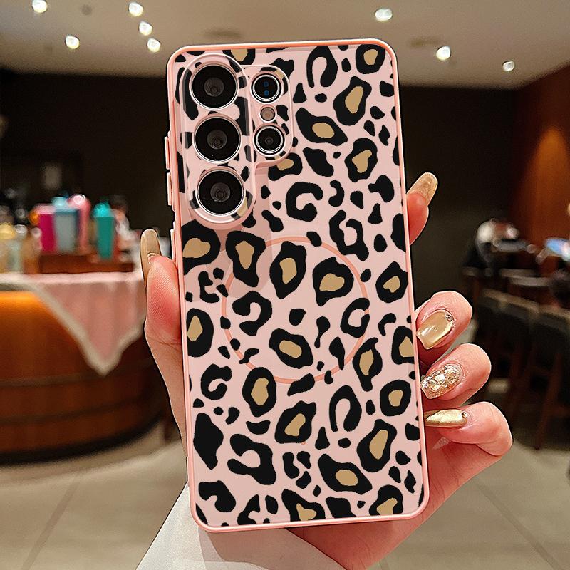 Magnetic For Magsafe Case For Samsung Galaxy S26 Ultra S25 Edge S24 Plus S23 FE S22 A54 A55 A56 5G Yellow Leopard Print Matte Cover